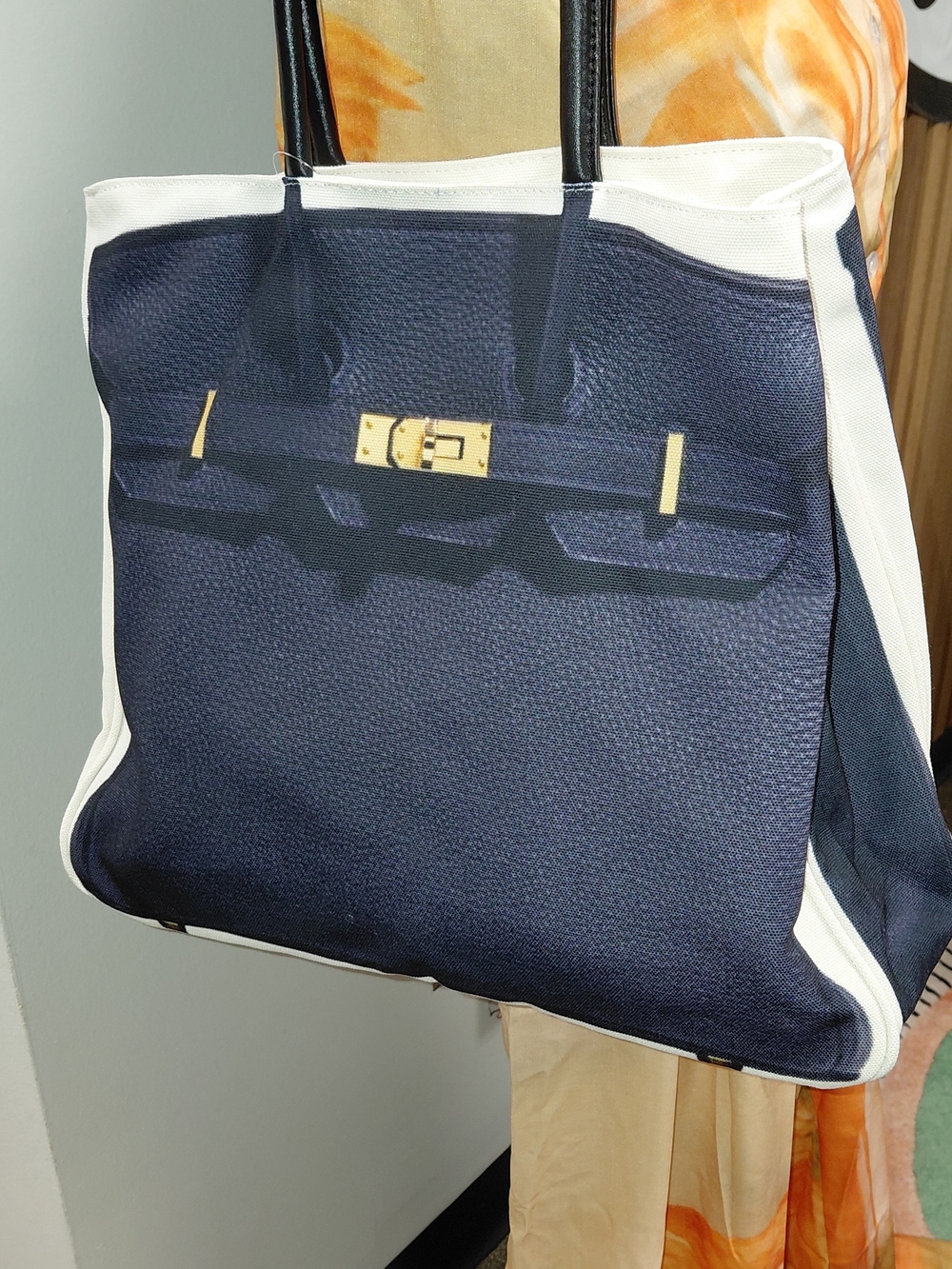 BIRKIN INSPIRED LARGE CANVAS Navy and White Leather Tote Bag with Black Handles - Picture 6 of 6